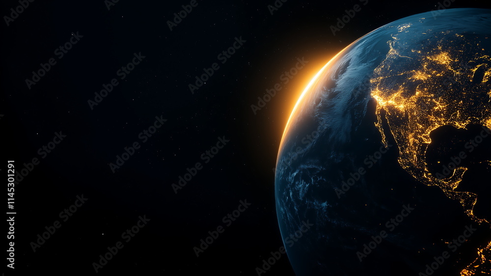 Obraz premium A view of Earth from space. The Americas are visible and illuminated by sunlight.
