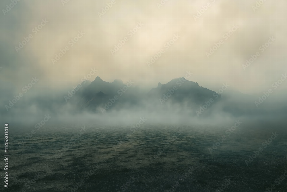 Fototapeta premium Mysterious fog envelops mountains during early morning light in a tranquil landscape
