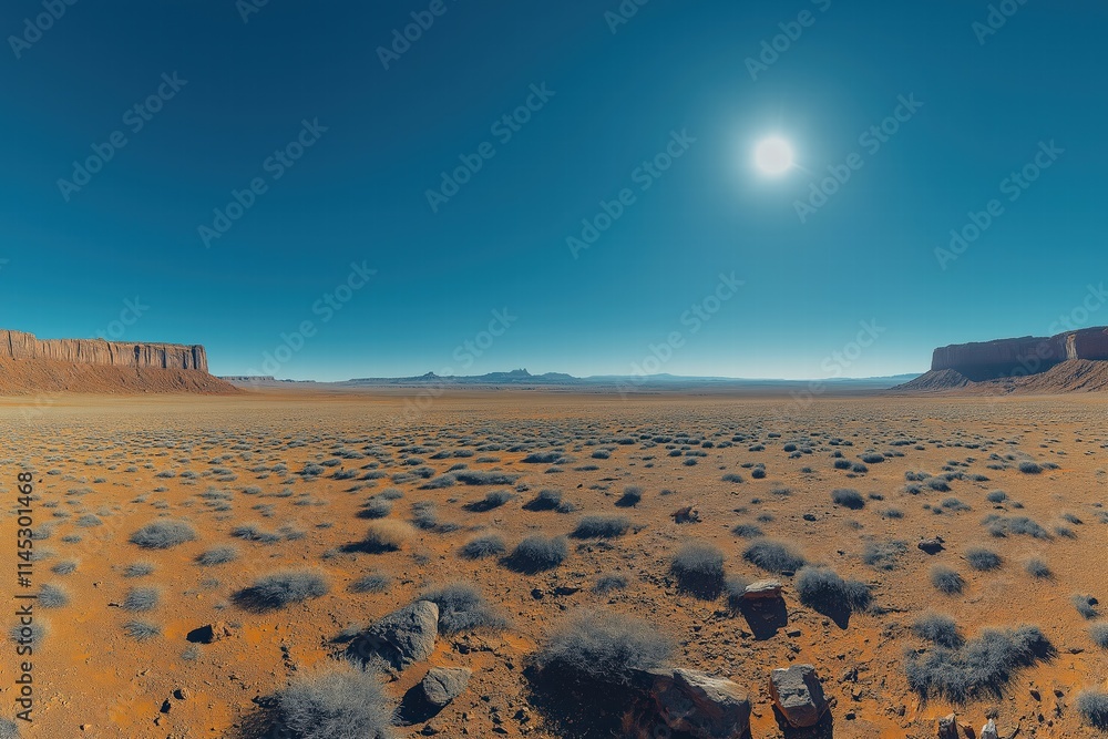 Obraz premium Wide desert landscape under a bright sun in a clear blue sky during midday
