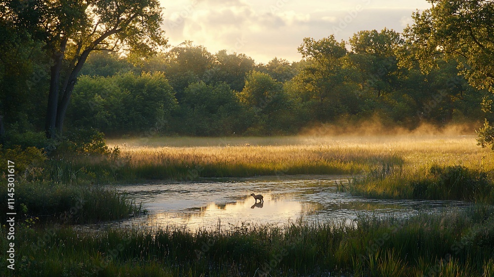 Sunrise over misty meadow, deer by tranquil pond. Sunrise over misty meadow, deer by tranquil pond.