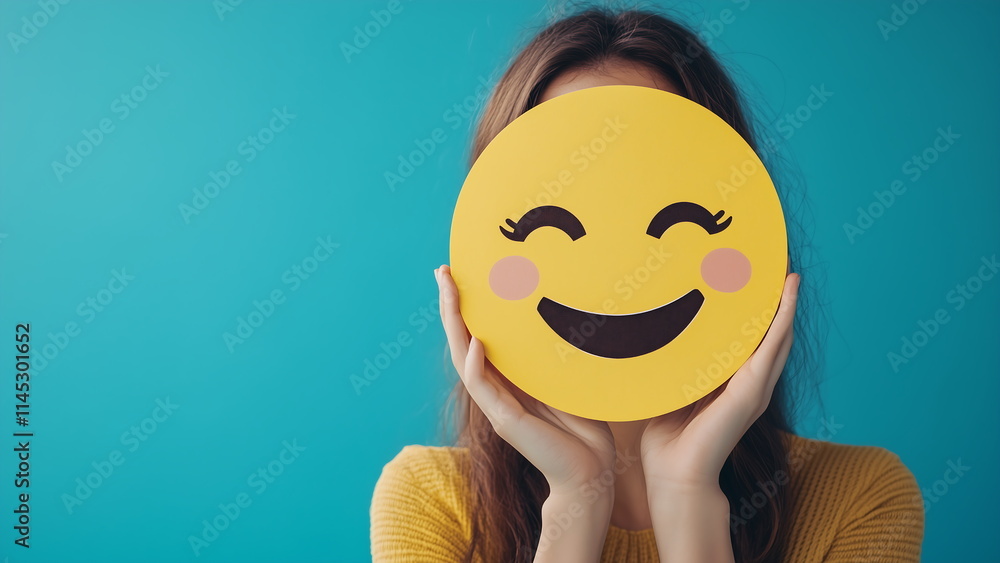 A person is holding a large yellow smiley face in front of their face A person is holding a large yellow smiley face in front of their face