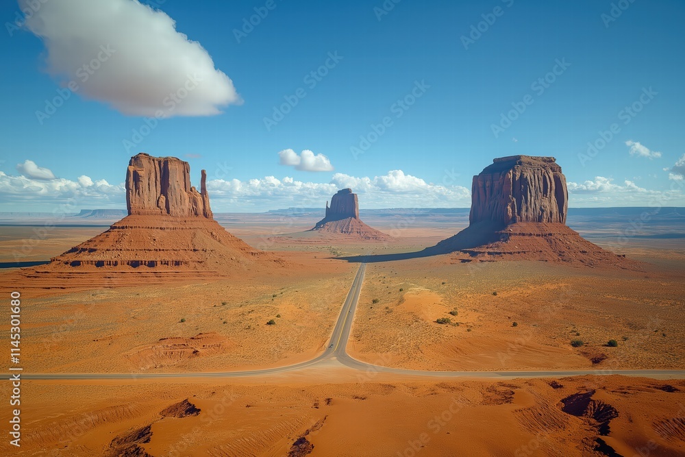 Naklejka premium Dramatic rock formations rise under a clear blue sky in a desert landscape at Monument Valley