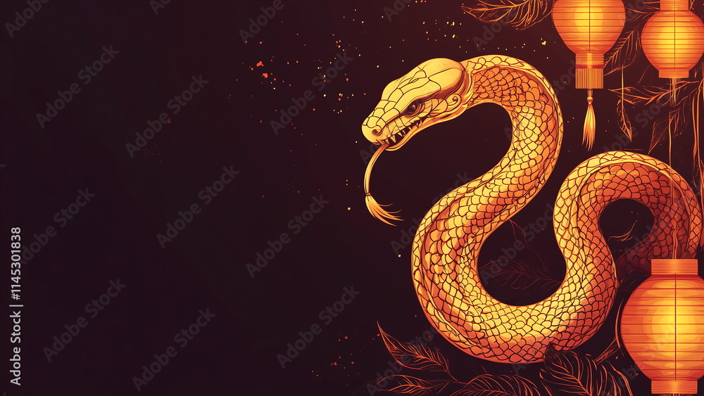 Fototapeta premium A golden snake, with chinese lanterns in the background.