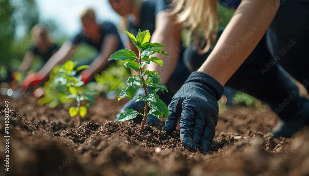 Fototapeta premium A Hands gently patting soil around young plants in garden setting, showcasing teamwork and care for nature
