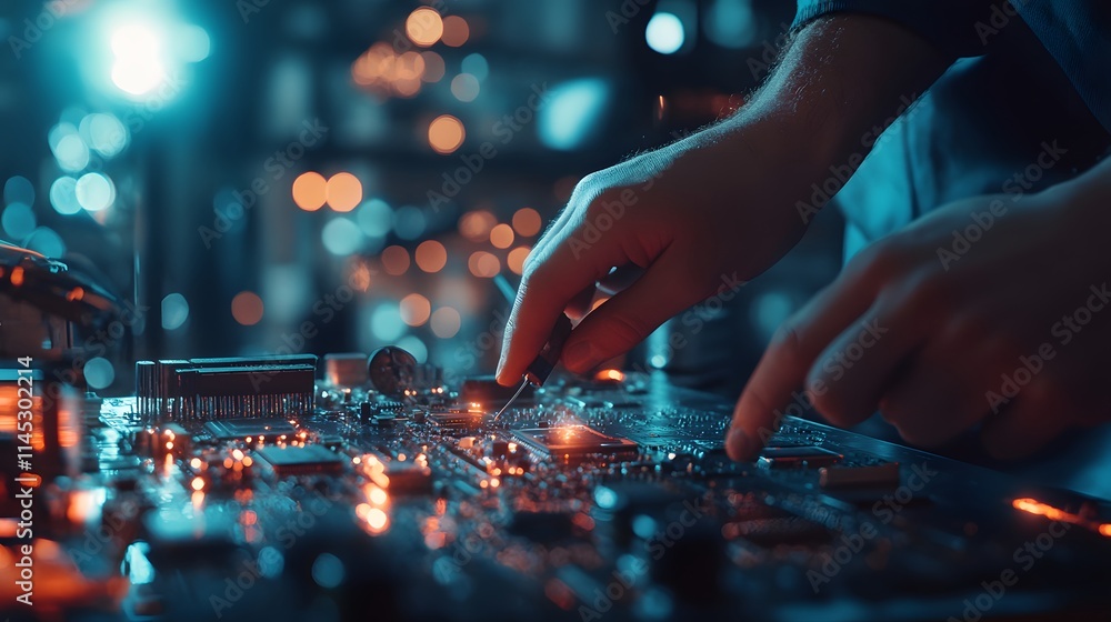 Tech specialist soldering circuits blurred AI generated illustration Tech specialist soldering circuits blurred AI generated illustration