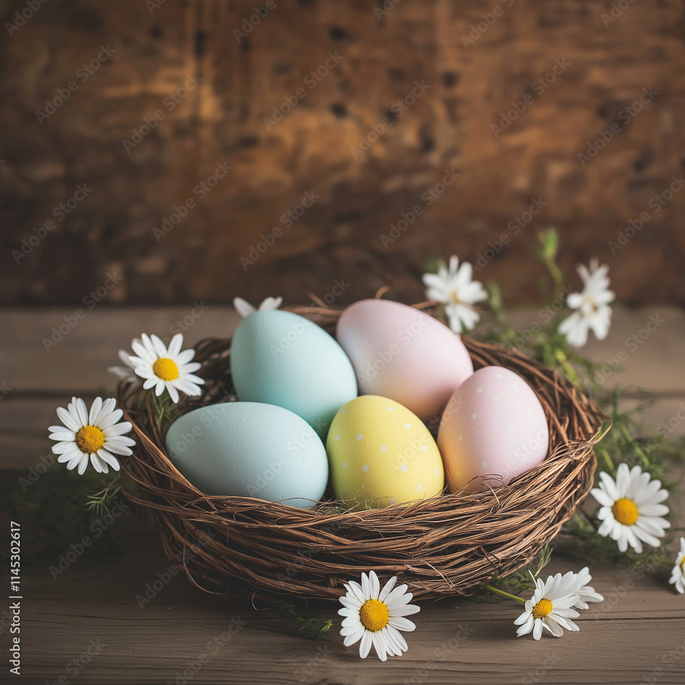 Minimalist Easter Postcard with Pastel Eggs and Daisies Minimalist Easter Postcard with Pastel Eggs and Daisies