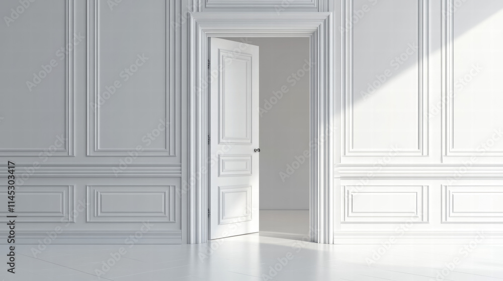 a white door open in an empty room with classic wall paneling. Isolated background with copy space a white door open in an empty room with classic wall paneling. Isolated background with copy space