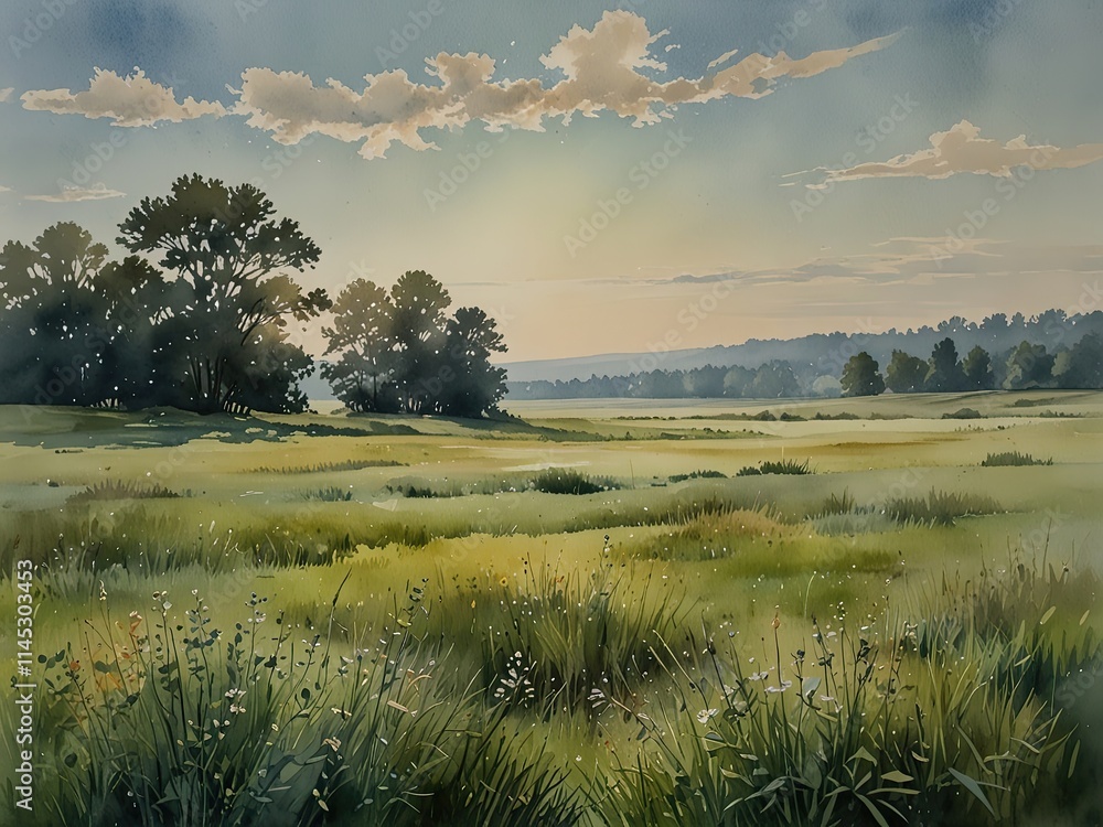Watercolor art featuring meadow lanscapes with blue sky view Watercolor art featuring meadow lanscapes with blue sky view
