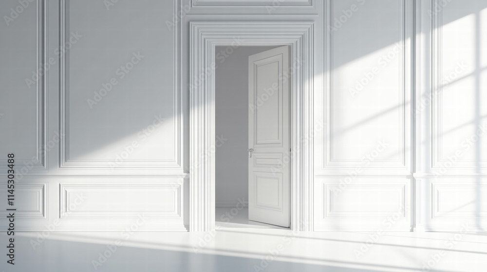 a white door open in an empty room with classic wall paneling. Isolated background with copy space a white door open in an empty room with classic wall paneling. Isolated background with copy space