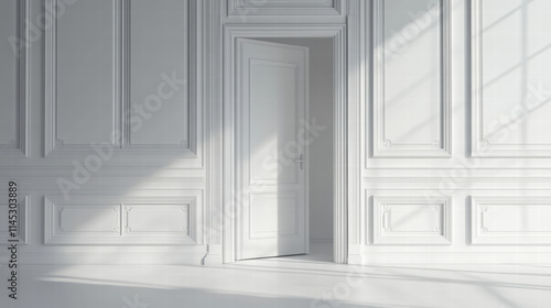 a white door open in an empty room with classic wall paneling. Isolated background with copy space