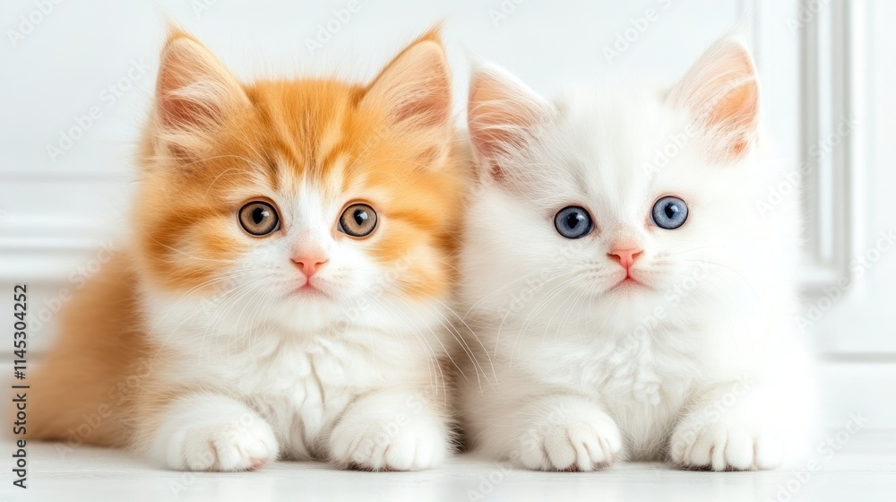 Two adorable kittens, one orange and white, the other pure white, sitting together. Two adorable kittens, one orange and white, the other pure white, sitting together.