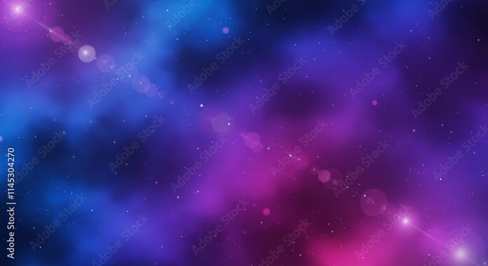 Obraz premium Cosmic Nebula: A mesmerizing blend of vibrant purple and blue hues, punctuated by sparkling stars and celestial lens flares, creates a dreamy, otherworldly atmosphere. Perfect for backgrounds.