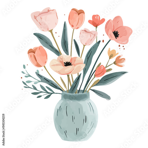 A watercolor of soft pastel spring flowers in a vase, isolated on a white background. Soft pastel spring flowers in a vase vector.

