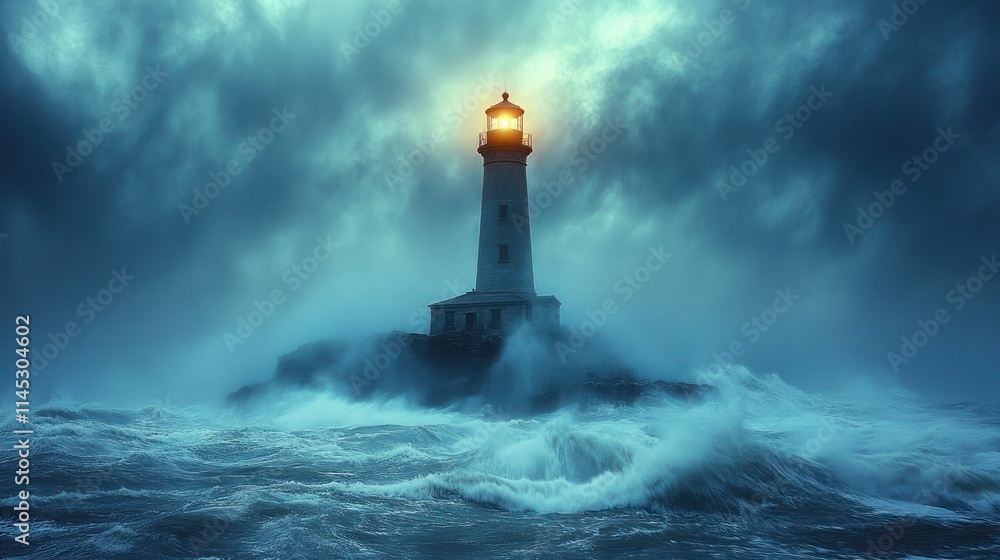 Fototapeta premium Lighthouse shining brightly during a powerful storm at sea.