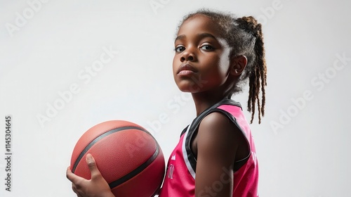 Young Girl Holding Basketball in Portrait Pose with Serious Expression