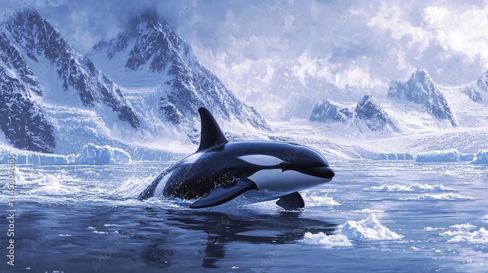Obraz premium A majestic orca swimming through icy waters, showcasing its strength and grace