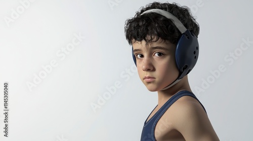 Young Boy in Wrestling Headgear Facing Forward with Serious Expression