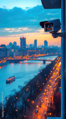 Security Camera, Urban Nightscape, City Skyline, River, Bridge for Stock Photography photo