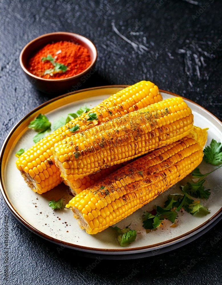 Boiled corn on cob with fresh chopped cilantro and sweet paprika powder served on ceramic plate