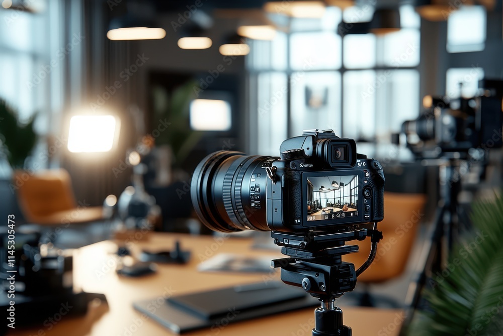 Positioned DSLR camera in focus, aimed towards a professional interior studio setup with blurred workspace background, emphasizing creativity and modern tech. Positioned DSLR camera in focus, aimed towards a professional interior studio setup with blurred workspace background, emphasizing creativity and modern tech.