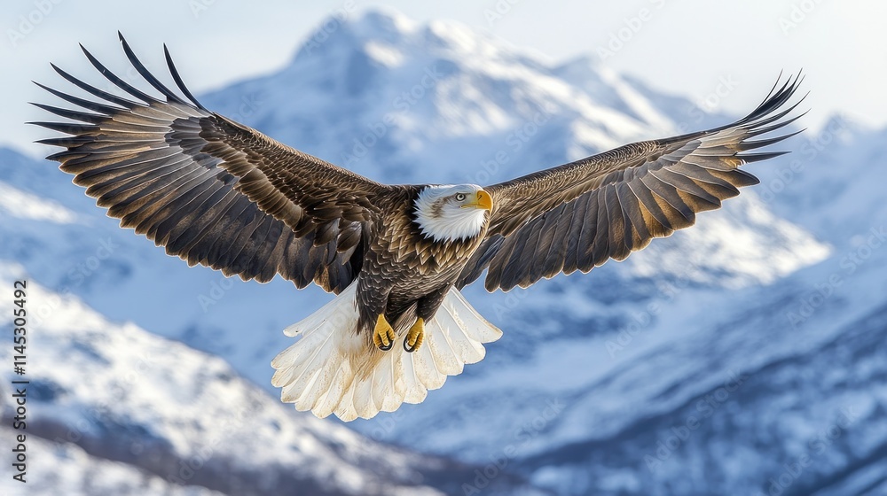 Obraz premium Majestic bald eagle in flight over snow-capped mountains.