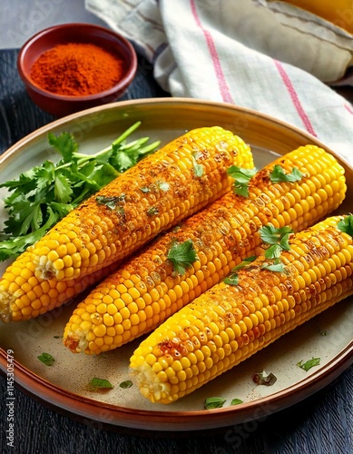 Boiled corn on cob with fresh chopped cilantro and sweet paprika powder served on ceramic plate