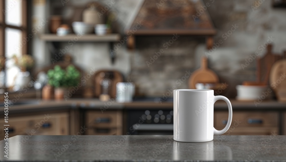 Blank white ceramic coffee mug mockup with rustic kitchen background Blank white ceramic coffee mug mockup with rustic kitchen background