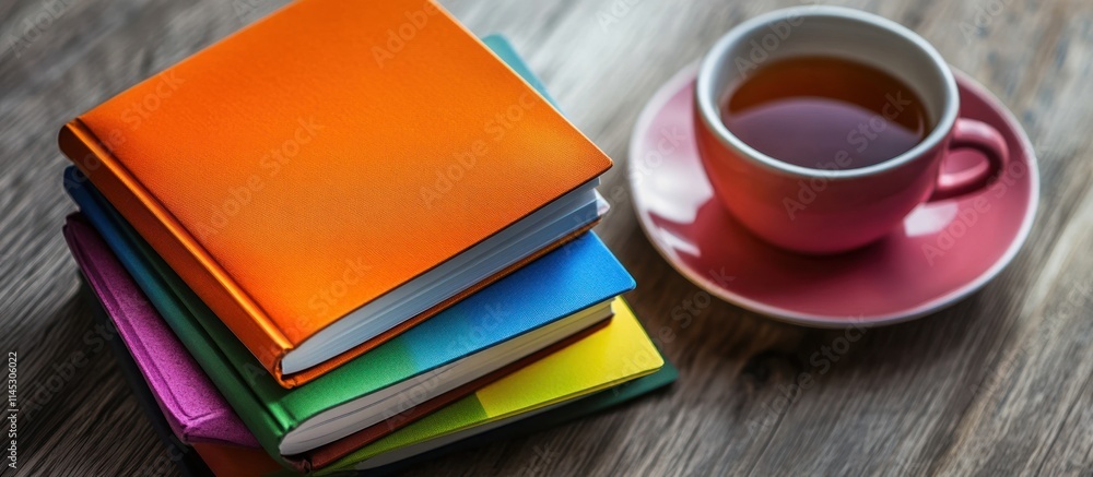 Stack of colorful books with a cup of tea on a wooden table. Stack of colorful books with a cup of tea on a wooden table.