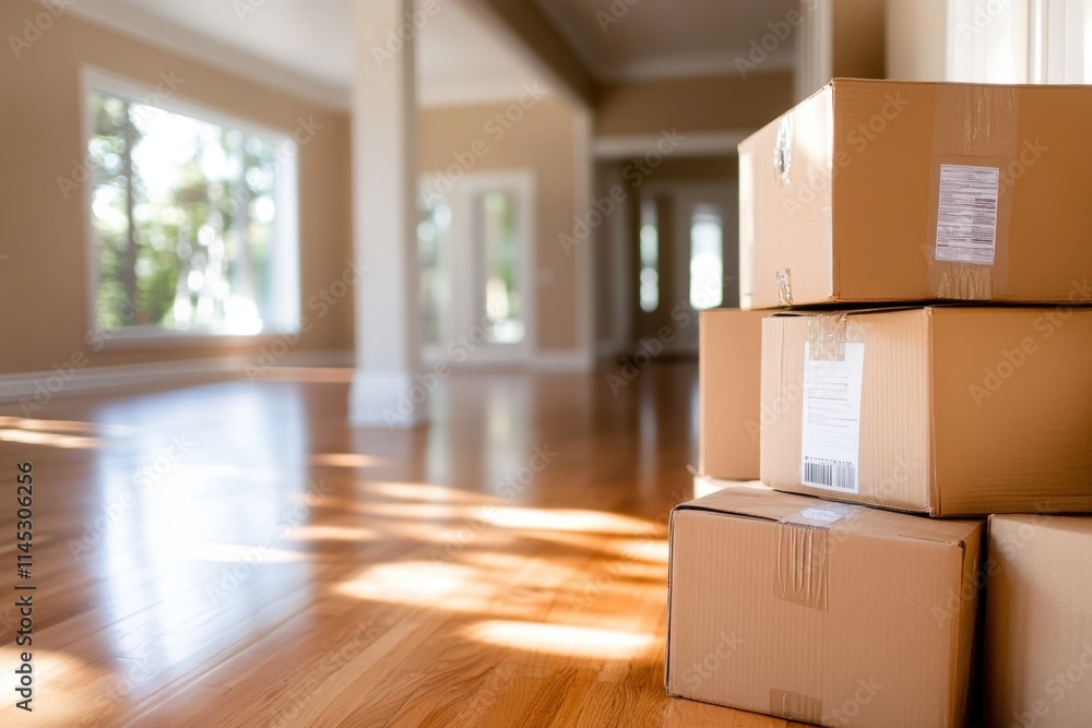 Sun streams into an empty room with polished wooden floors and a neat stack of moving boxes, reflecting a sense of anticipation and fresh beginnings. Sun streams into an empty room with polished wooden floors and a neat stack of moving boxes, reflecting a sense of anticipation and fresh beginnings.