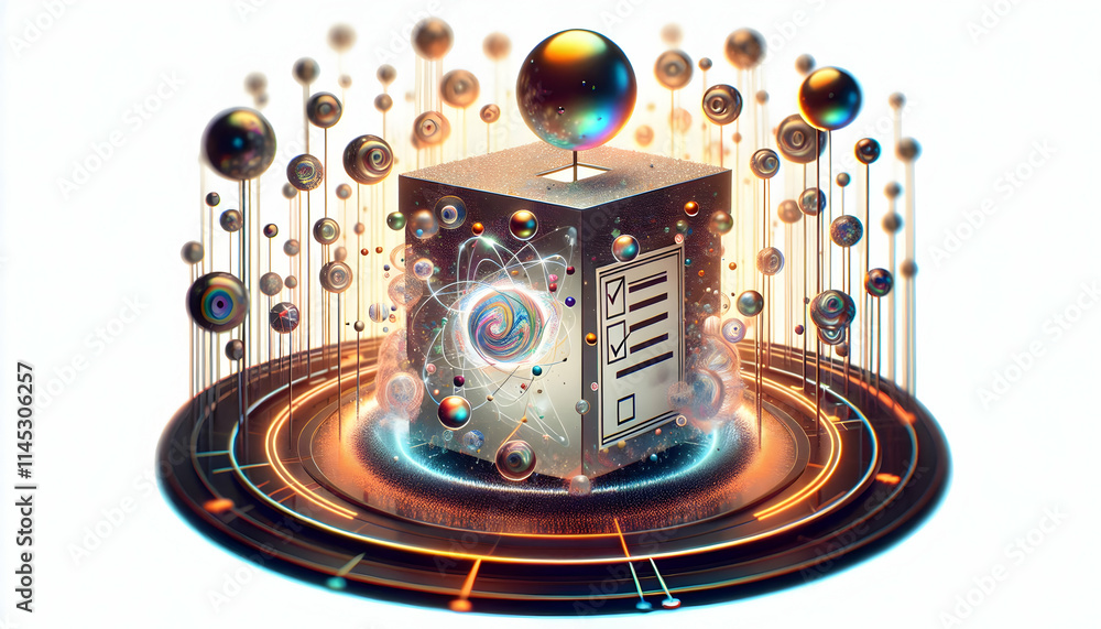 Naklejka premium 3D Quantum superposition ballot concept as Close up of a ballot in a state of quantum superposition representing multiple voting options simultaneously. Camera circles the shimmering ballot. Represent