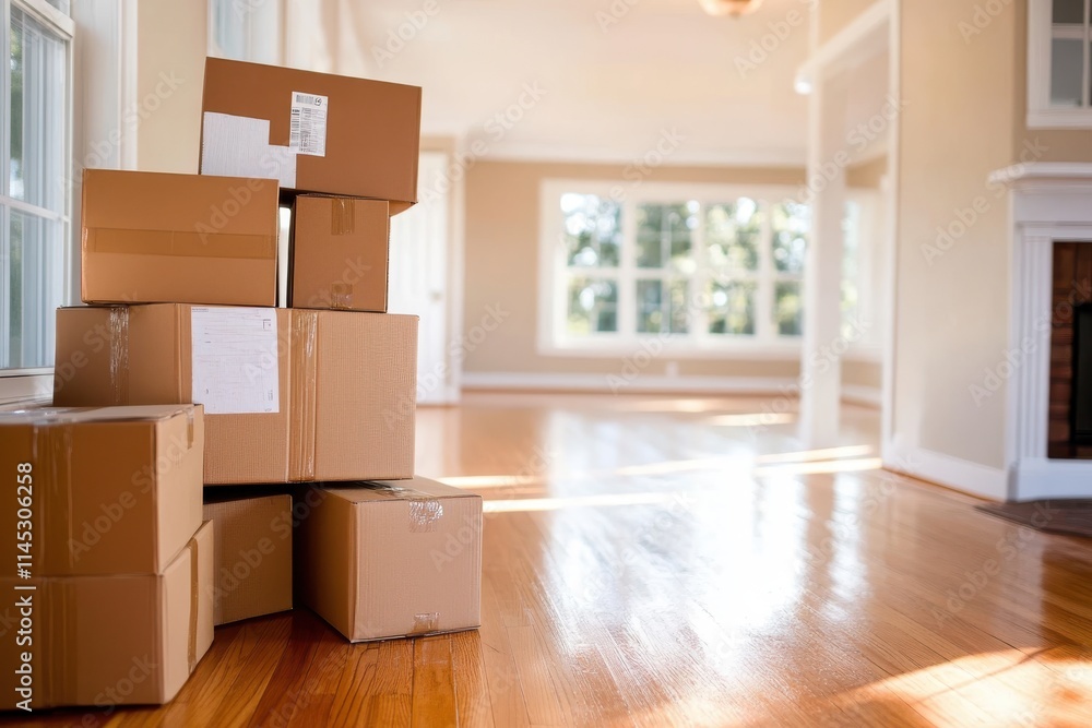 A bright empty room with a stack of cardboard boxes packed and ready for moving as sunlight streams in through large windows, casting warm shadows on the floor. A bright empty room with a stack of cardboard boxes packed and ready for moving as sunlight streams in through large windows, casting warm shadows on the floor.