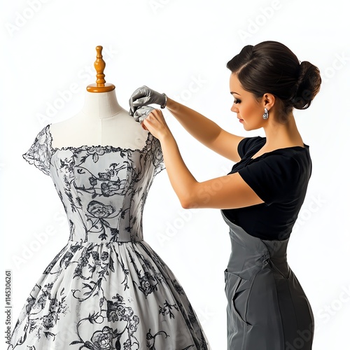 Fashion designer adjusting a vintage dress on a mannequin, white isolated background