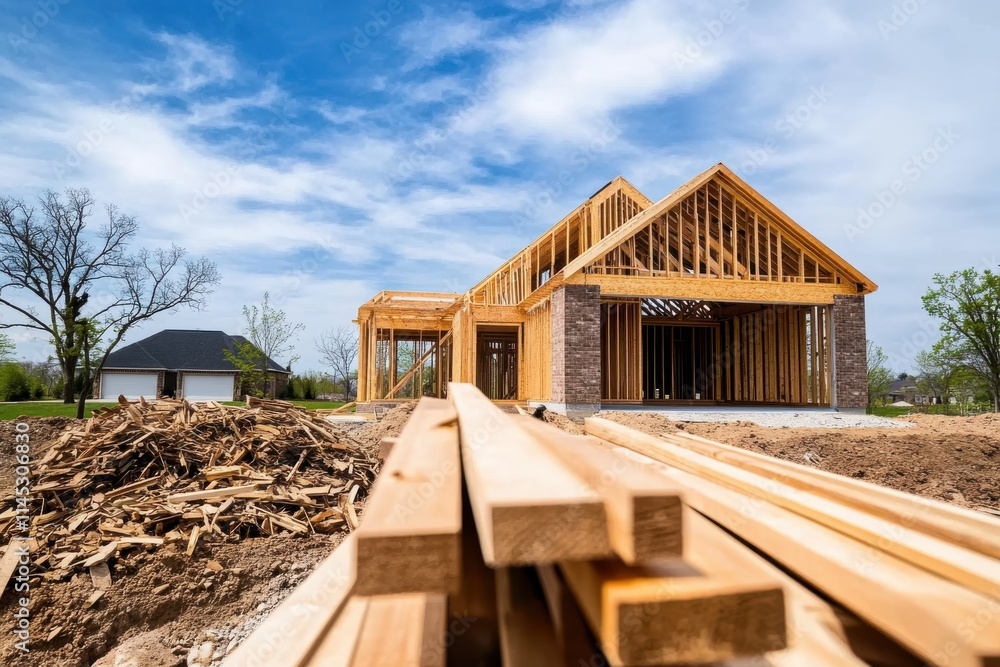 The construction of a house shows wooden framework and beams being laid out, highlighting the early phase of building with piles of lumber in the foreground. The construction of a house shows wooden framework and beams being laid out, highlighting the early phase of building with piles of lumber in the foreground.