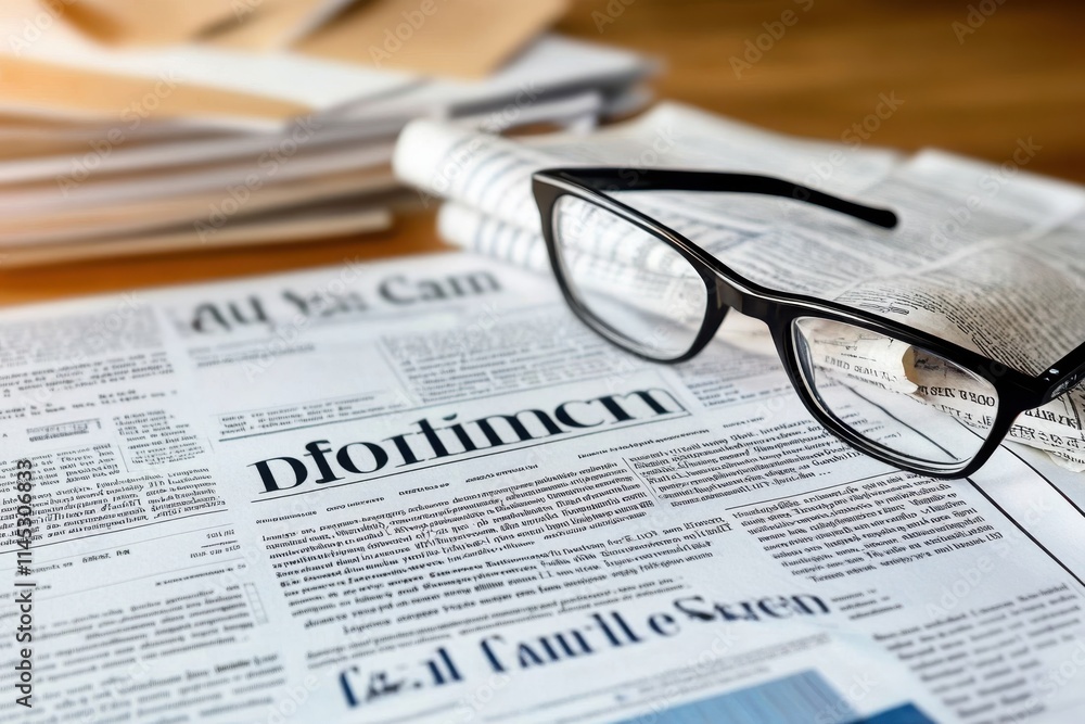 A neat stack of newspapers lies on a wooden table, accompanied by a pair of reading glasses, suggesting a cozy scene of morning reading with casual, informative content. A neat stack of newspapers lies on a wooden table, accompanied by a pair of reading glasses, suggesting a cozy scene of morning reading with casual, informative content.