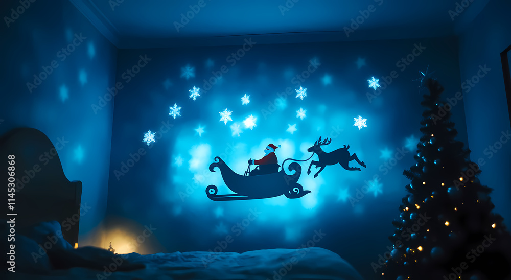Naklejka premium Santa Claus Sleigh Silhouette Against Glowing Stars Background