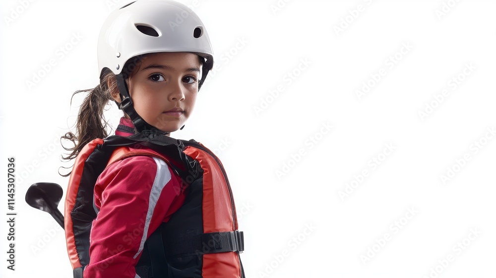 Young Child in Life Jacket and Helmet Preparing for Water Adventure Young Child in Life Jacket and Helmet Preparing for Water Adventure