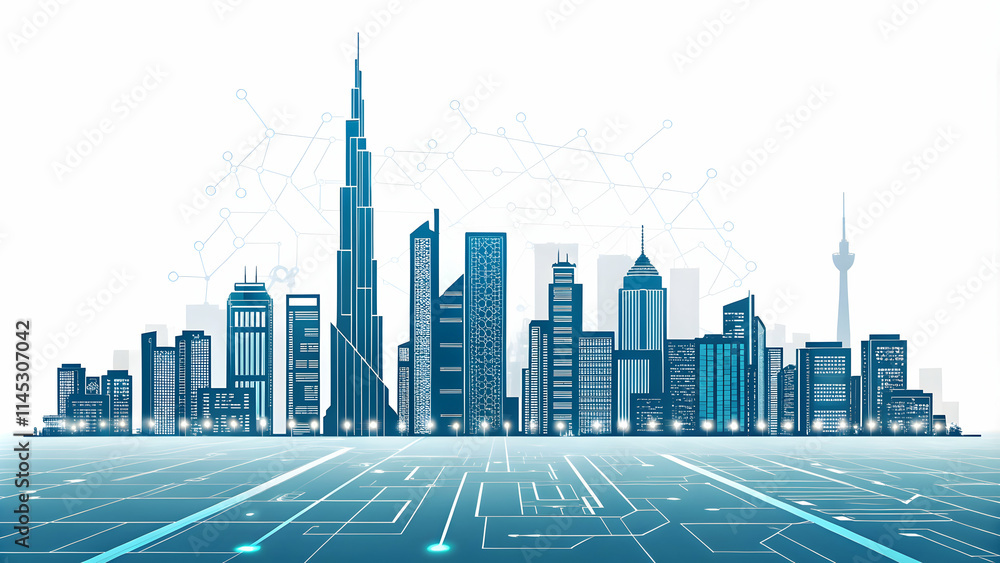 Fototapeta premium Abstract city skyline made of circuit lines with soft glow concept as A city skyline formed by circuit lines glows softly representing the fusion of technology and urban industrial innovation; ample c