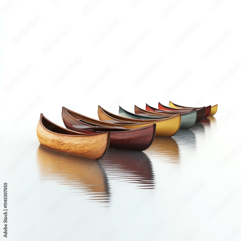 Colorful wooden canoes lined up on water with a smooth reflection. Colorful wooden canoes lined up on water with a smooth reflection.
