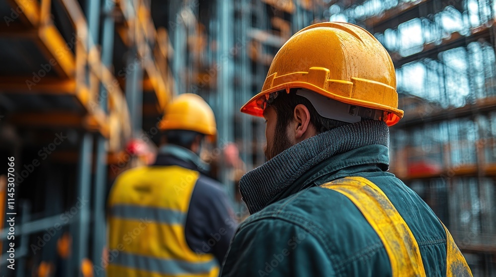 Two construction workers in safety gear at a building site, focused on their tasks.