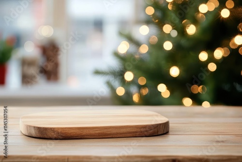 A wooden board sits on a table in front of blurred holiday lights, creating a warm and inviting atmosphere, symbolizing home, comfort, and festive anticipation. photo