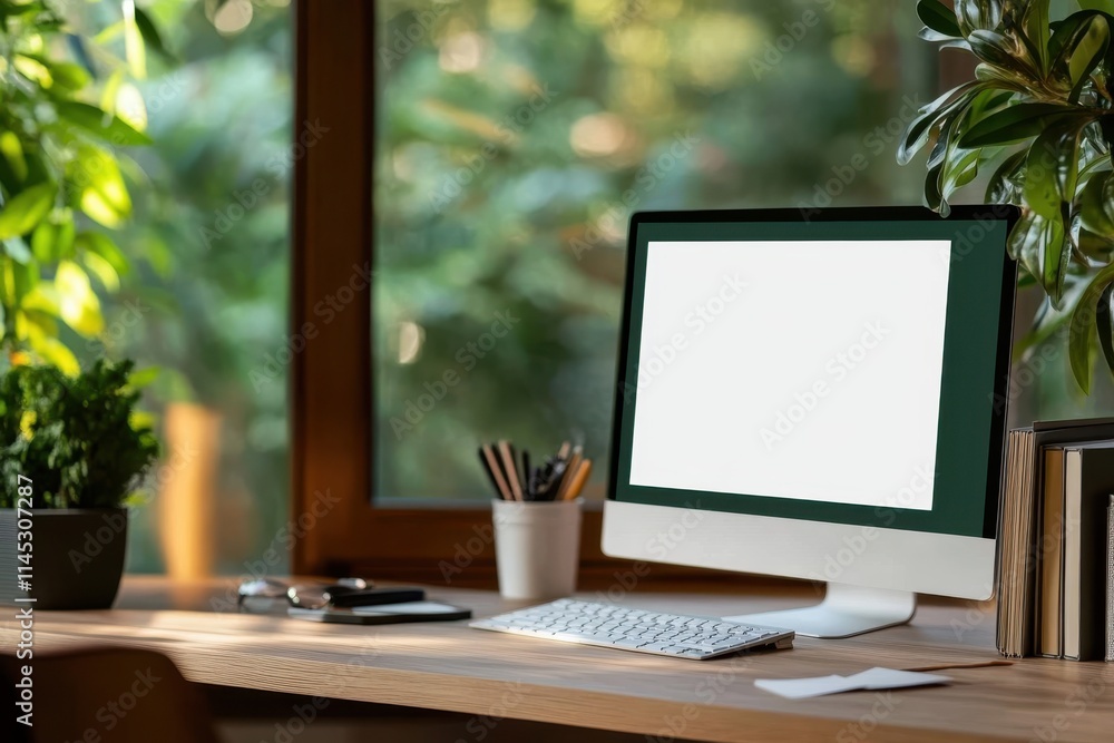 A contemporary workspace featuring a computer monitor, keyboard, and surrounding plants, creating a serene and nature-inspired environment for working efficiently. A contemporary workspace featuring a computer monitor, keyboard, and surrounding plants, creating a serene and nature-inspired environment for working efficiently.