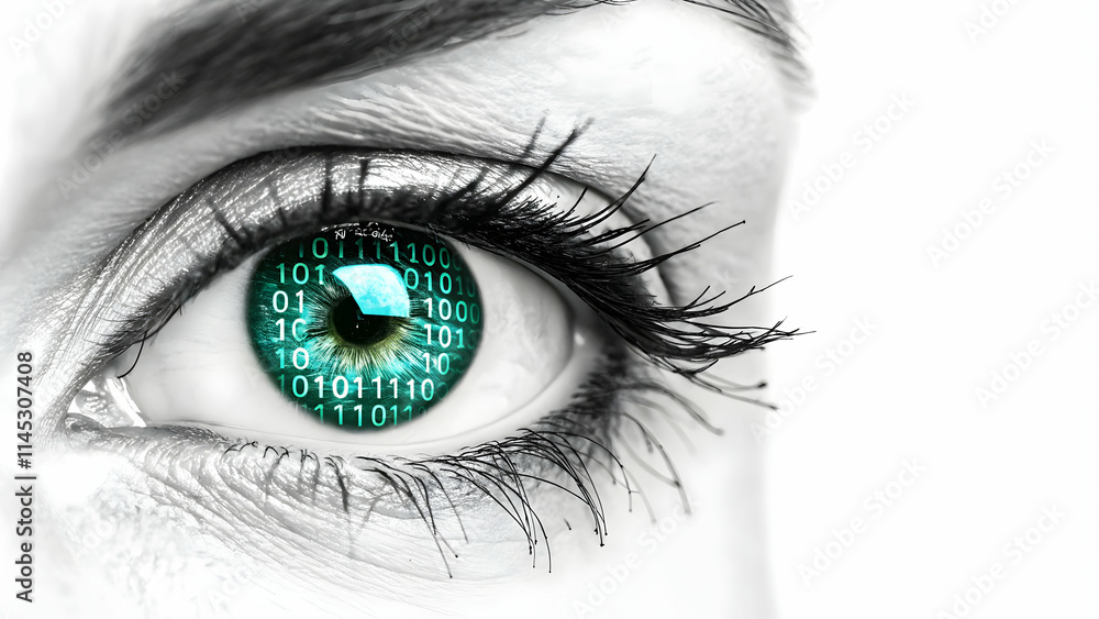 Obraz premium Abstract digital eye with binary code iris and copy space concept as A glossy image features a digital eye with a binary code pattern forming the iris on a plain background symbolizing vision and data