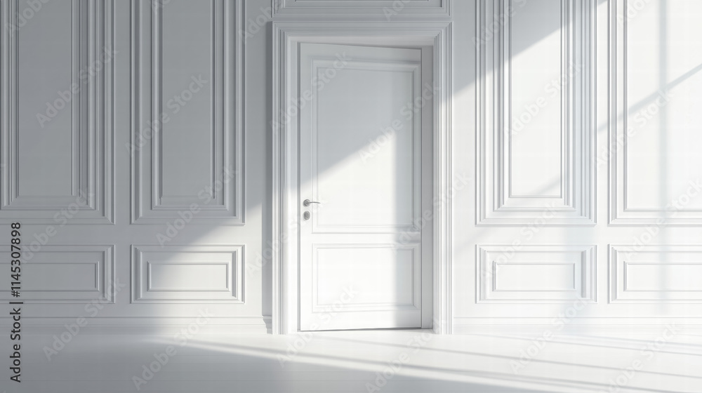 a white door open in an empty room with classic wall paneling. Isolated background with copy space
