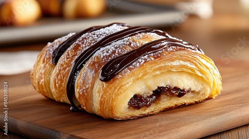 An irresistibly scrumptious croissant with a rich chocolate filling, elegantly topped with chocolate drizzle and powdered sugar for a visually and tastefully appealing treat. photo