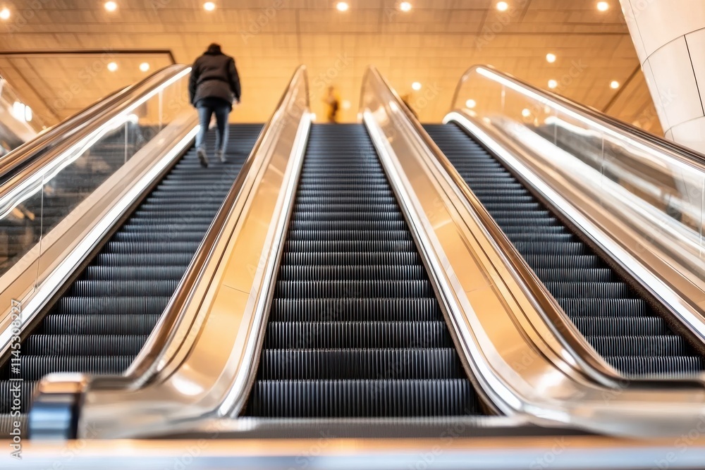 An upward-moving escalator in a bustling shopping center with only one person ascending, representing the intersection of movement, solitude, and modern architecture. An upward-moving escalator in a bustling shopping center with only one person ascending, representing the intersection of movement, solitude, and modern architecture.