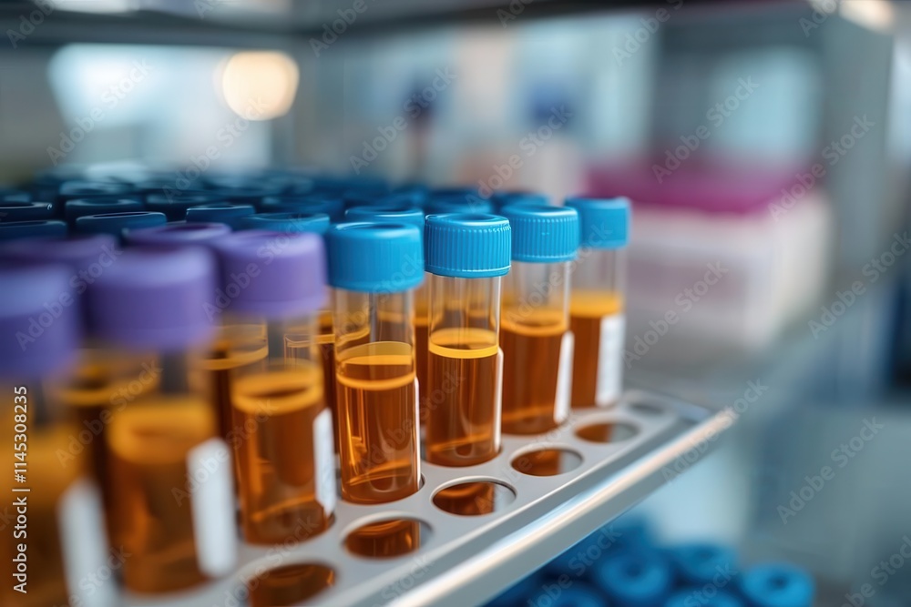 A collection of laboratory test tubes with varying colored caps, neatly arranged in racks, symbolizing scientific research, precision, and experimentation. A collection of laboratory test tubes with varying colored caps, neatly arranged in racks, symbolizing scientific research, precision, and experimentation.