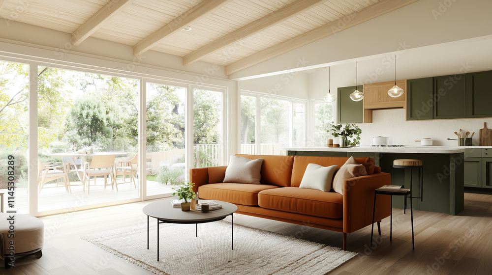 Modern living room with an orange sofa and large windows revealing a beautiful outdoor space Modern living room with an orange sofa and large windows revealing a beautiful outdoor space