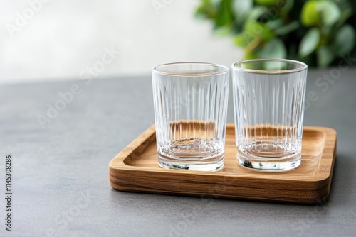 A set of short, clear glasses featuring a stylish ribbed pattern is placed on a wooden tray, creating an impression of refined elegance and modern simplicity. photo