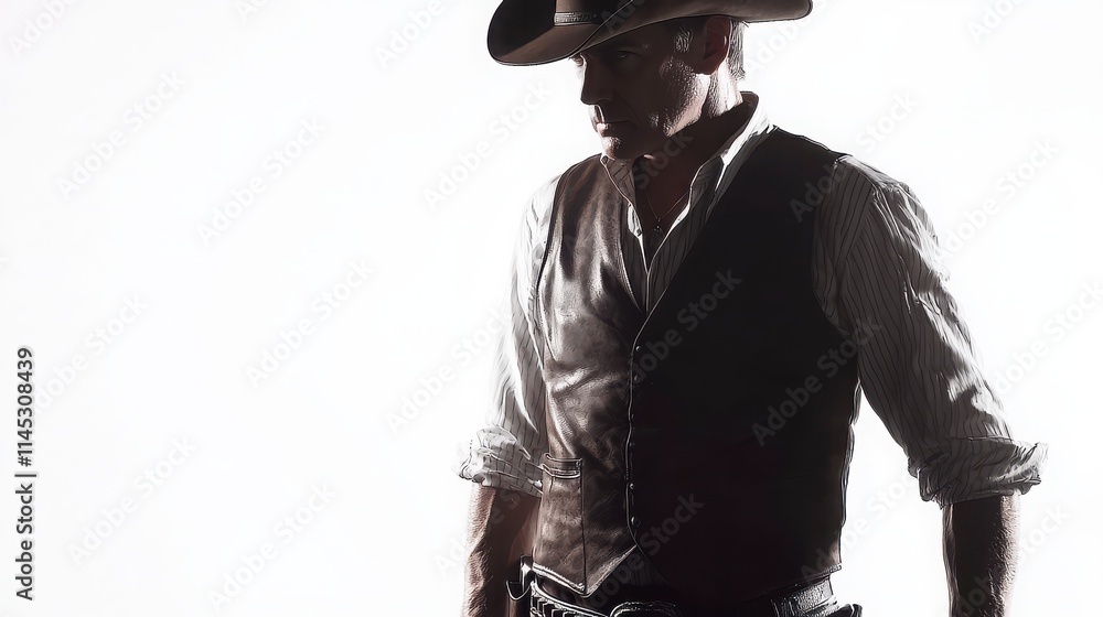 Fototapeta premium Silhouette of a Man in Western Attire with Cowboy Hat and Vest