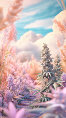 Surreal bright pastel landscape of marijuana buds with fluffy clouds and mountains in smartphone 9:16 aspect ratio.
